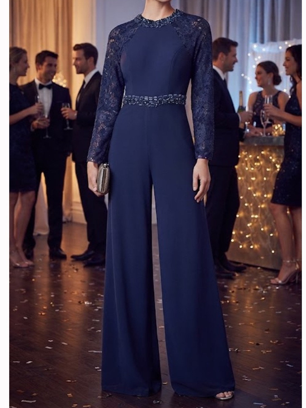 *NEW* TS COUTURE Lace Chiffon Wide Leg Jumpsuit Formal Navy Size 0 NWT